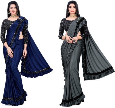 HARIOM FASHION Woven, Embellished, Solid/Plain Bollywood Lycra Blend Saree(Pack of 2, Blue, Grey)