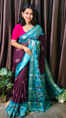 Suto Printed, Floral Print Bandhani Linen Saree(Blue)