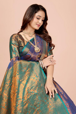 LAVYANSH CREATION Self Design Banarasi Art Silk, Jacquard Saree(Blue, Green)