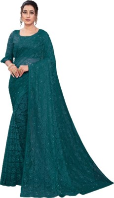 SwiftStyle Embroidered Daily Wear Net Saree(Dark Green)