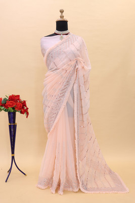 Piton Enterprise Embroidered Leheria Georgette Saree(Beige)