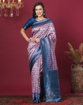 Samah Woven, Embellished Kanjivaram Silk Blend Saree(Blue, Purple)