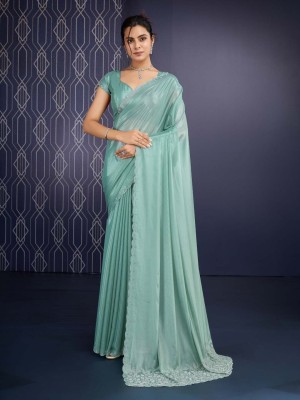 Meena Bazaar Embroidered Bollywood Crepe Saree(Green)