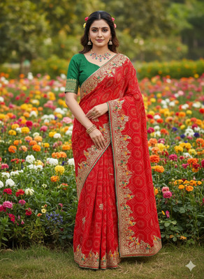 bherva tex Embroidered Bandhani Georgette Saree(Red)