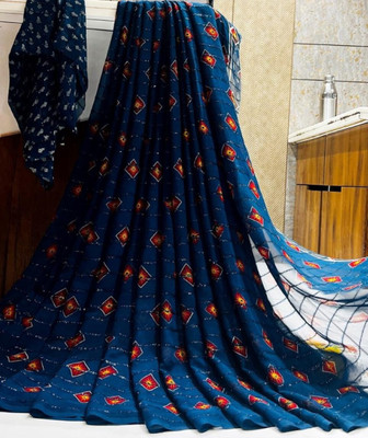 Bombey Velvat Fab Printed Bandhani Chiffon, Georgette Saree(Blue)