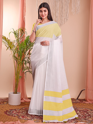 Divastri Solid/Plain Kanjivaram Cotton Linen Saree(White, Yellow)