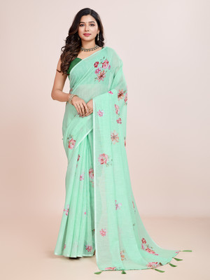 Sonika Fashions Printed Kalamkari Cotton Silk Saree(Light Green, Green, Multicolor)