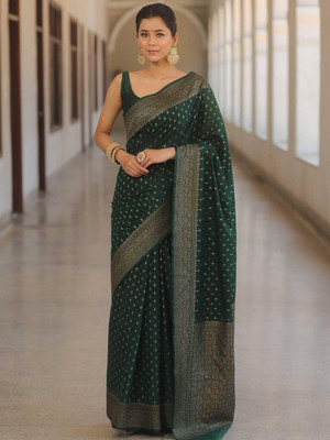 The Style Sanctuary Woven, Self Design, Embellished Banarasi Silk Blend Saree(Purple)