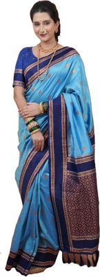 MOON VOGUE Printed Banarasi Silk Blend Saree(Blue)