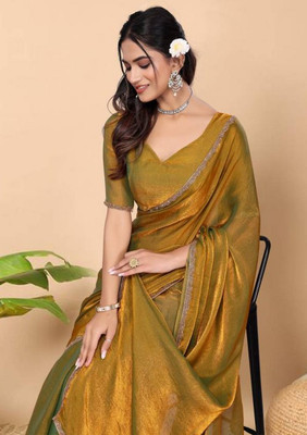 FENNYCREATION Solid/Plain Bollywood Net Saree(Gold)