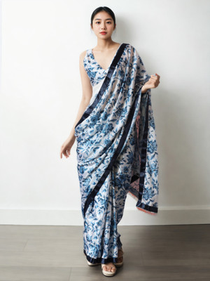LeeliPeeri Designer Floral Print Bollywood Silk Blend Saree(White, Blue)