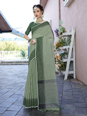 ANOUK Woven Mysore Linen Saree(Green)