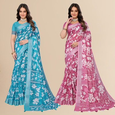 Santro Sarees Digital Print Daily Wear Cotton Linen Saree(Pack of 2, Blue, Pink)