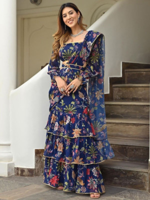 odette Printed Saree with Attached Blouse Georgette Saree(Blue)