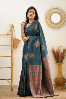kevami fashion Self Design Kanjivaram Cotton Silk Saree(Blue)