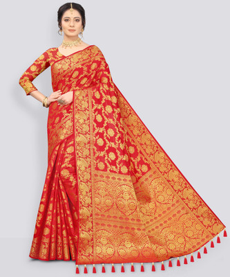 COSBILA FASHION Woven Banarasi Cotton Silk Saree(Red)