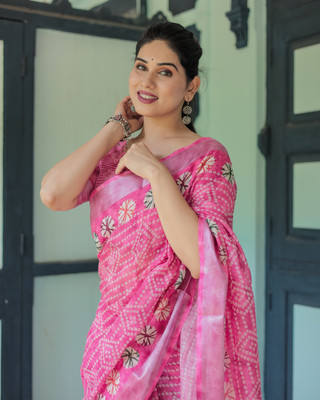 ALMAARI FASHION Printed Bandhani Cotton Linen Saree(Pink)