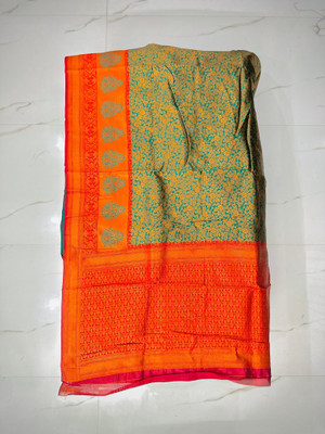 SnehaWomensWear Self Design Kanjivaram Silk Blend Saree(Dark Green)