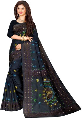 Quetzal Embroidered Kantha Art Silk Saree(Black)