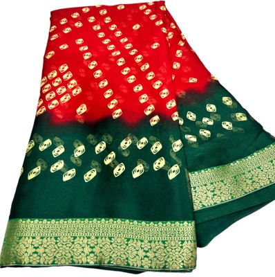 Stylish Sarees Printed Bandhani Crepe, Chiffon Saree(Red, Dark Green)