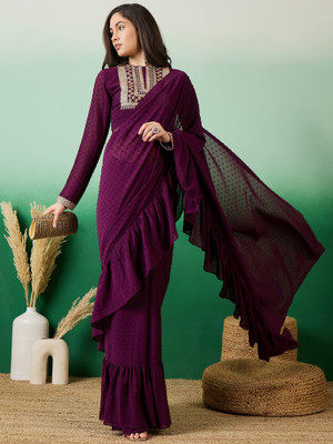 Sangria Solid/Plain, Embroidered Daily Wear Georgette Saree(Purple)