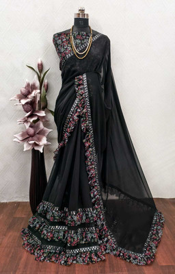 Krish Creation Printed Bollywood Georgette Saree(Black)