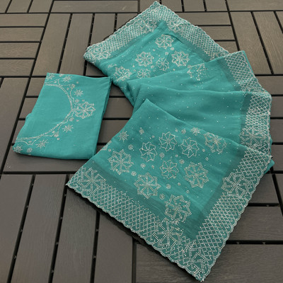 Jennyfab Embellished Bollywood Organza Saree(Light Blue)