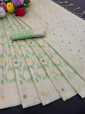 Bhavya Laxmi Textiles Woven Banarasi Cotton Linen Saree(Light Green)