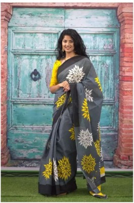 silky style Printed Daily Wear Cotton Blend Saree(Black)