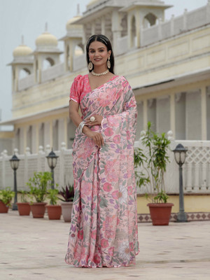 GRANTHI ENTERPRISE Floral Print, Printed Bollywood Chiffon Saree(Pink)