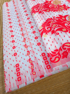 KhayaFashion Woven Jamdani Cotton Silk Saree(White, Red)