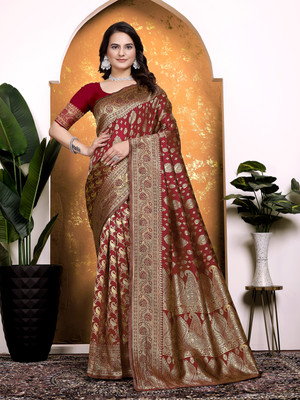 maayro Embellished Banarasi Silk Blend Saree(Maroon)