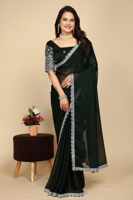 K 5 FASHION Self Design, Solid/Plain, Embroidered Bollywood Chiffon Saree(Dark Green)