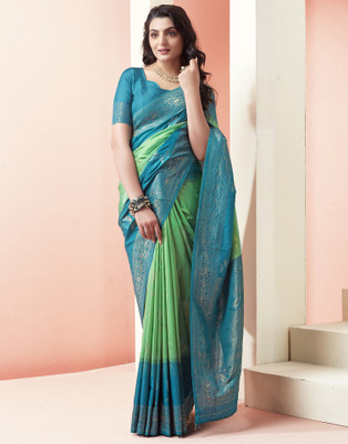 Samah Woven, Self Design Banarasi Silk Blend Saree(Green, Blue)