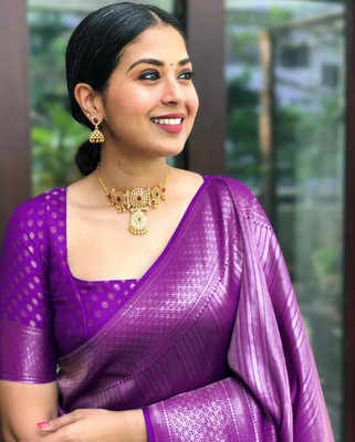 ESOMIC Solid/Plain Kanjivaram Pure Silk Saree(Purple)