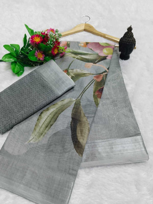 HangerStories Printed Kanjivaram Pure Cotton, Cotton Silk Saree(Grey)
