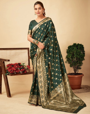 ETHNICHITZ Woven Banarasi Jacquard Saree(Dark Green, Gold)