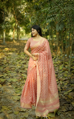 PeachPetals Checkered, Striped, Woven Banarasi Cotton Silk Saree(Light Blue)