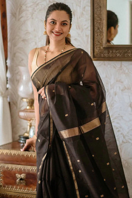 PARAMPARA CREATION Woven, Self Design, Embroidered, Floral Print Bollywood Cotton Silk Saree(Black)