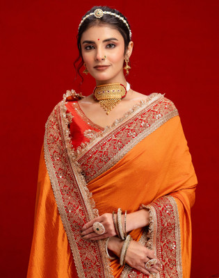 SIRIL Embroidered, Embellished Bollywood Silk Blend Saree(Orange)