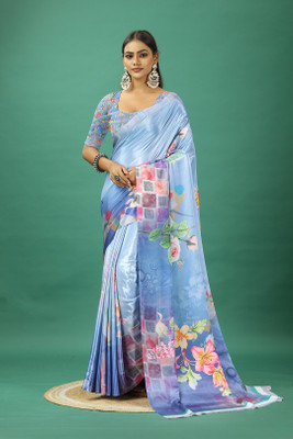 AVM SILK MILLS Printed Bollywood Crepe Saree(Blue)