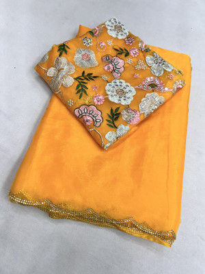 MSC TRENDLINE SAREES Solid/Plain Bollywood Organza, Silk Blend Saree(Gold)