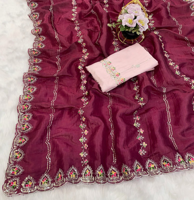 Ethina Fashion Embroidered Bollywood Chiffon Saree(Magenta)