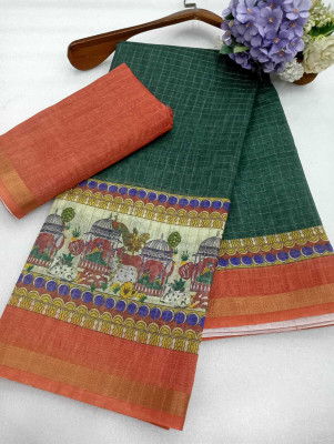 Saaransh Floral Print Kanjivaram Linen, Cotton Silk Saree(Green)