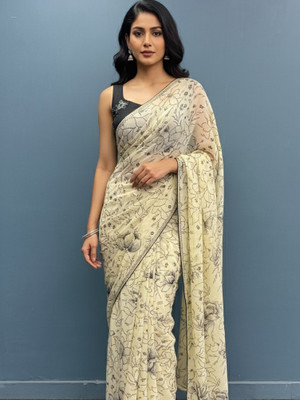 Pionex Floral Print Bandhani Chiffon Saree(Cream)