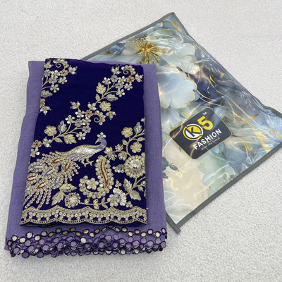 K 5 FASHION Embroidered Bollywood Tissue Saree(Cream)