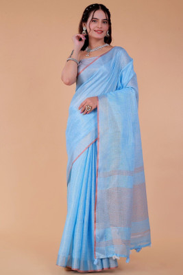 NEGRONI Solid/Plain Daily Wear Linen Saree(Light Blue)