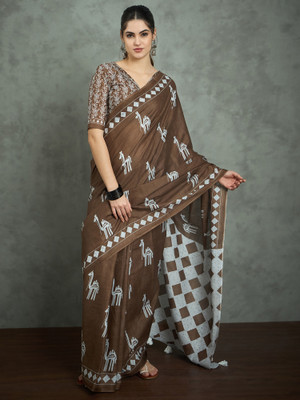 Divastri Printed Daily Wear Cotton Blend Saree(Brown)