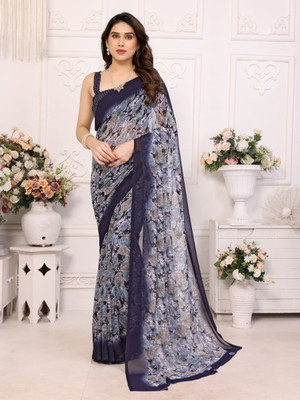 Divastri Floral Print Bollywood Georgette Saree(Blue, Grey, Dark Blue)