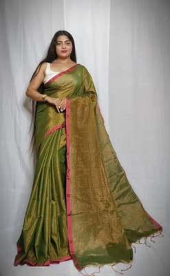 RSN SHREE Solid/Plain Bollywood Cotton Silk Saree(Light Green)